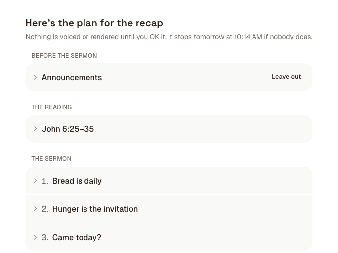 The outline board: the plan for the recap listed by section with Leave out beside the optional parts, and a Make the videos button